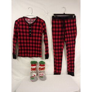 Lazy Mondays Women's Christmas Red Pajama Set with Cat Fuzzy Socks Size Small